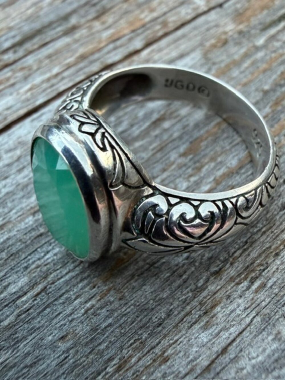 Vintage Sterling Ring Rose Cut Green Chalcedony Janice Girardi Designs Size 10
